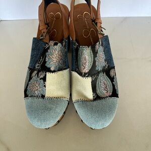 Jessica Simpson Denim Pattern Chunky Ankle Strap Clog Platform Pumps US 7-1/2 M
